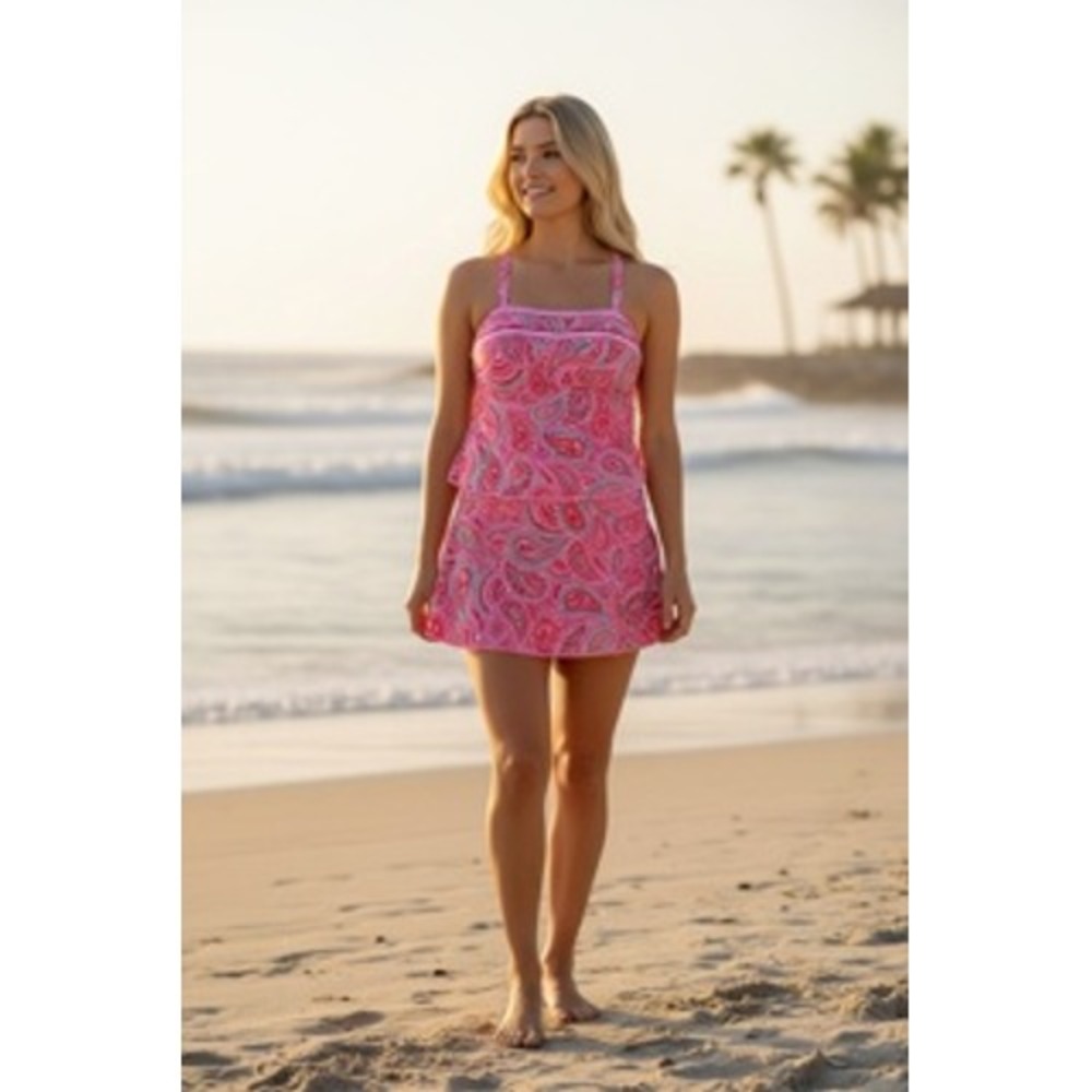 Pink Paisley Tankini Swimsuit Set with Swim Skirt Modest Two Piece Size L